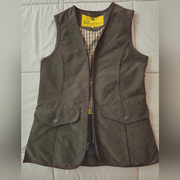 Sleeveless utility jacket vest, olive/military green with brown details, XS - Picture 12 of 16